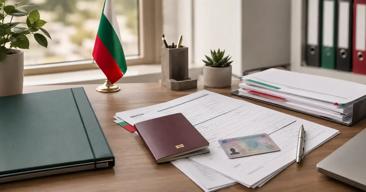 Foreign national reviewing residence permit documents with a Bulgarian flag and passport on the desk