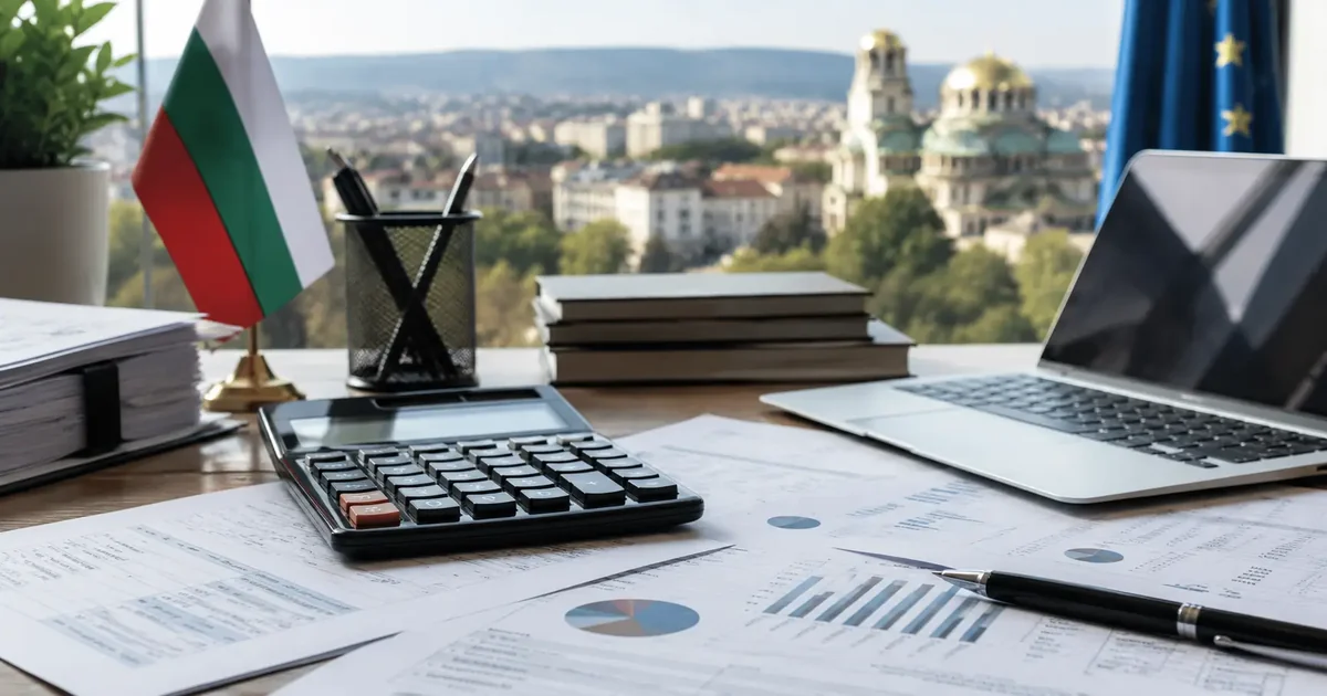 Calculator, euro banknotes and Bulgarian tax documents laid out on a desk representing flat tax planning