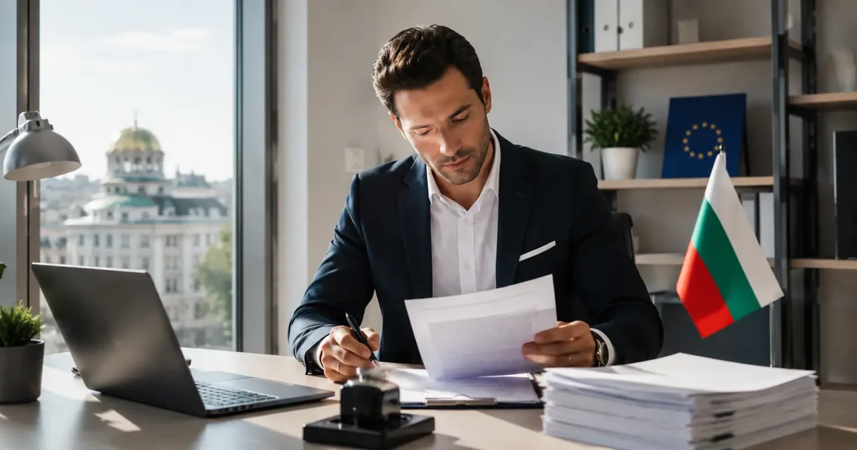 Foreign entrepreneur reviewing Bulgarian company registration documents at a desk
