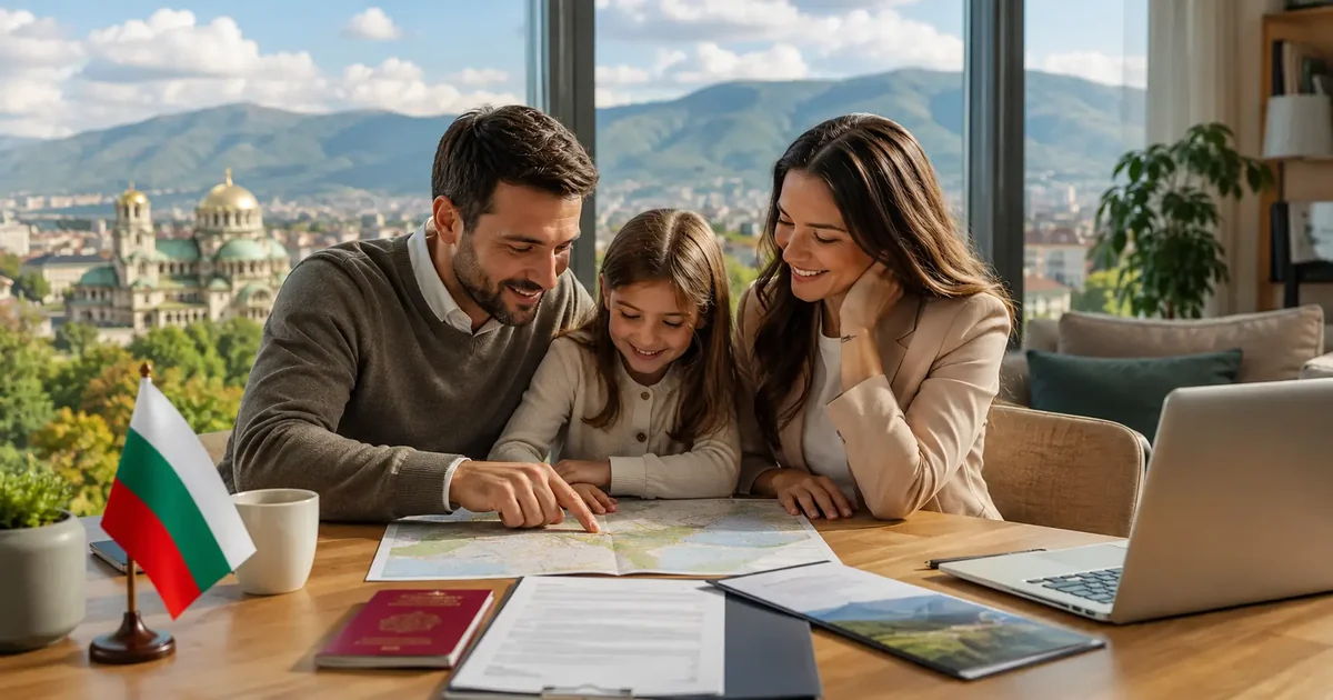 Family and entrepreneur relocating to Bulgaria, with the EU flag and Sofia skyline in the background